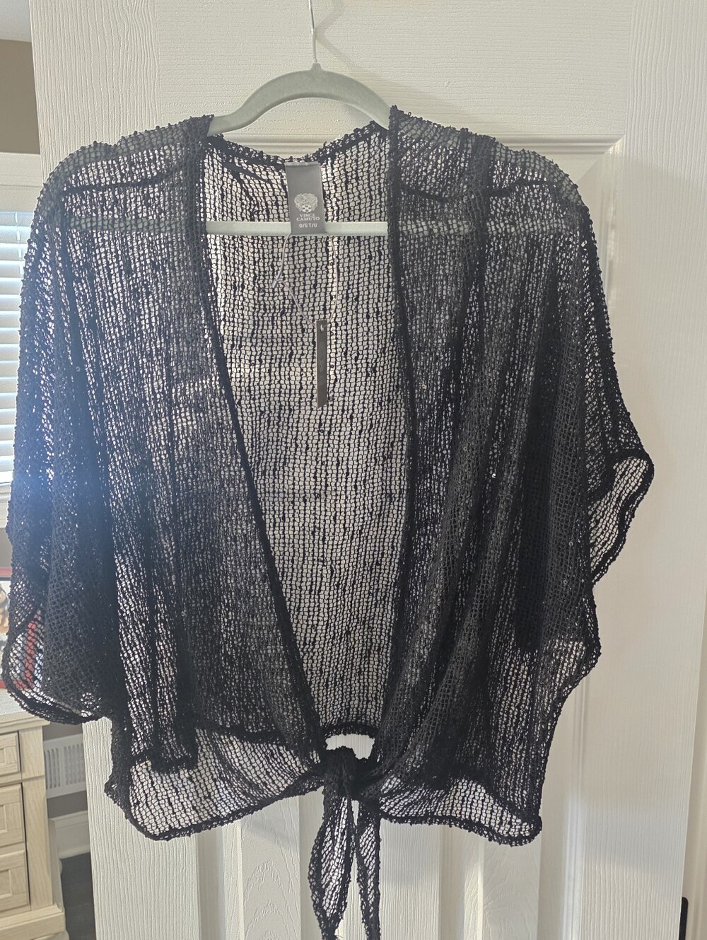 Vince Camuto Lightweight Black Open-Knit Tie-Front Sweater